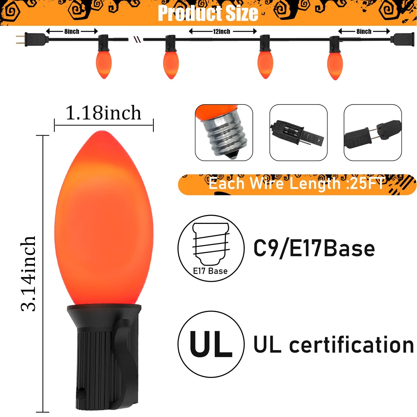 Romasaty C9 LED Orange Halloween Lights, 25FT Halloween C9 String Lights with 27 Orange LED Bulbs, Hanging Decoration Light for Outdoor Indoor Patio Home Party Garden Yard-Black Wire