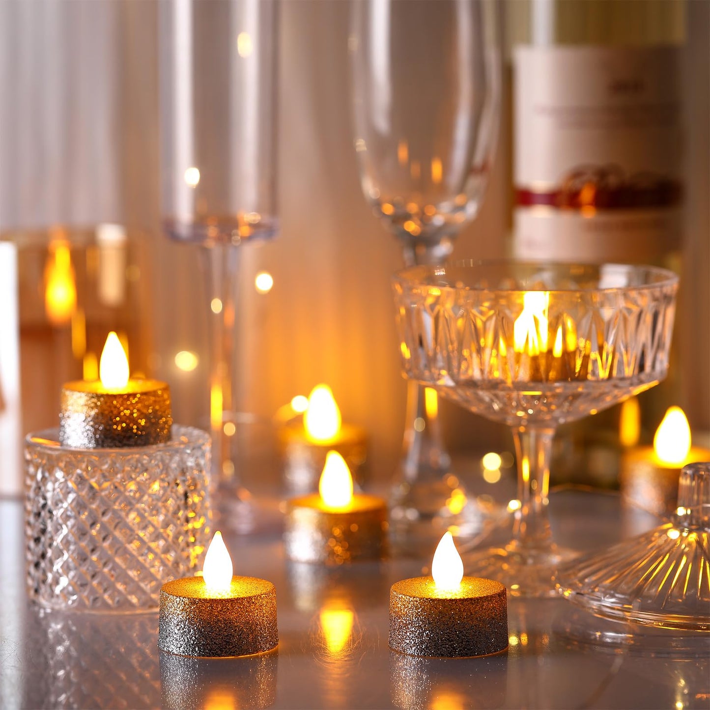 Retisee 48Pcs Flameless LED Tea Lights Glitter Electric Fake Candles for Centerpieces Battery Operated Anniversary Romantic Winter Decor for Wedding Christmas Birthday (Gold,Silver,1.65 Inch)