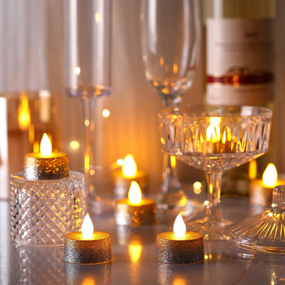 Retisee 48Pcs Flameless LED Tea Lights Glitter Electric Fake Candles for Centerpieces Battery Operated Anniversary Romantic Winter Decor for Wedding Christmas Birthday (Gold,Silver,1.65 Inch)