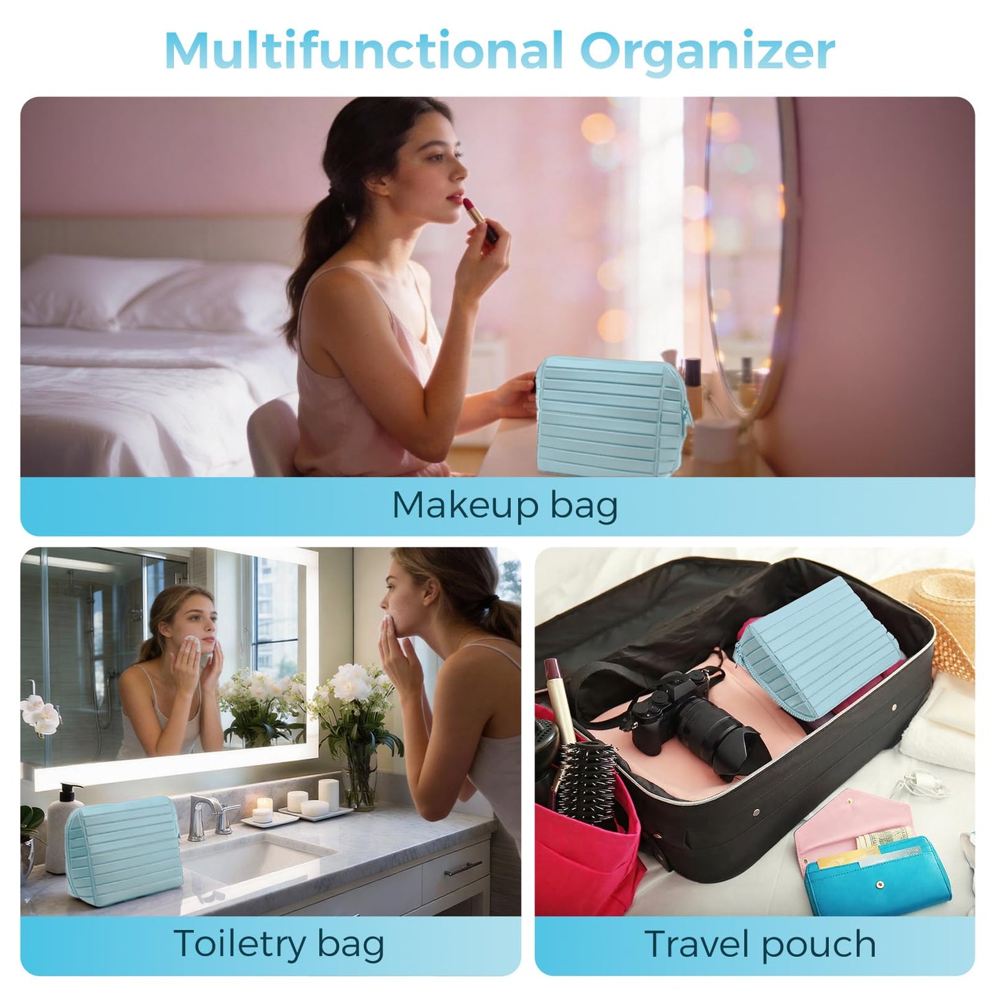 Travel Makeup Organizer Bag with Fold-Down Design and Adjustable Dividers, 27 Pockets & 3 Brush Storage Holders, Large Capacity Cosmetic Bags Toiletry Case - Light blue