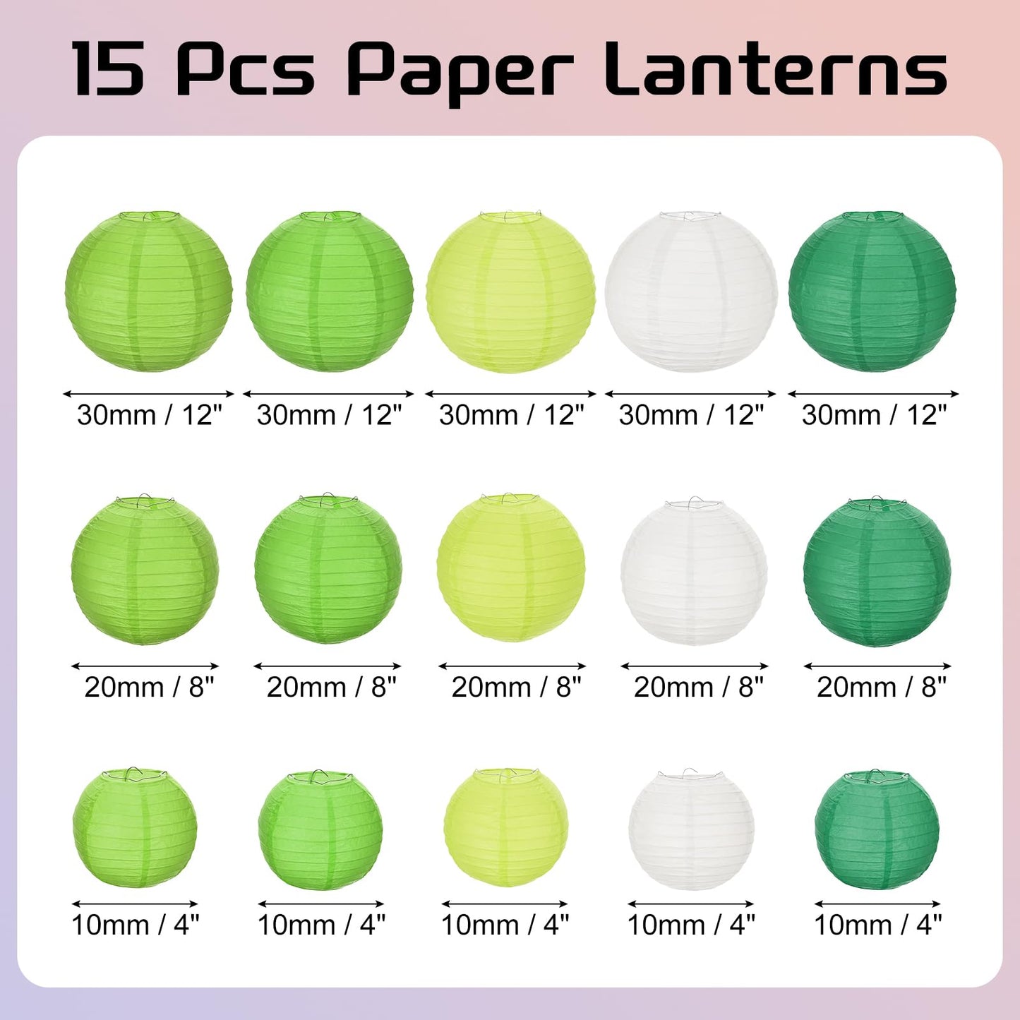 MECCANIXITY 15PCS Paper Lanterns Decorative, 4" 8" 12" Round Hanging Lantern Chinese Lanterns for Home Decor, Birthday, Wedding, Christmas (Green,Deep Green,White,Light Green,Dark Green)