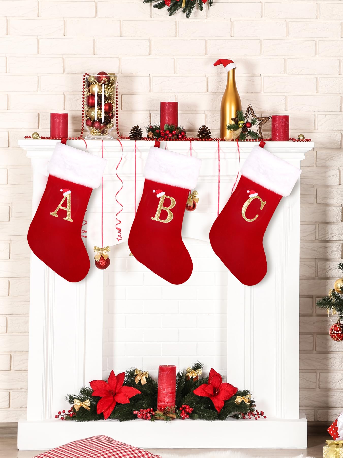 Wlflash 20 Inches Super Soft Plush Monogram Christmas Stockings Xmas Rustic Personalized Stocking Embroidered Letter Decoration for Decor