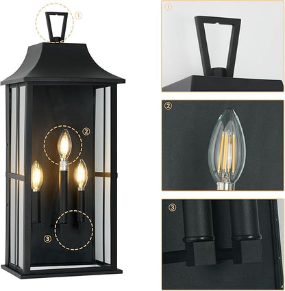 Patio Wall Light Fixture Outdoor Wall Lighting, 25" Large Outside Modern Wall Sconce Lantern, Industrial Porch Light Wall Mount, Waterproof Farmhouse Exterior Lamp 3-Light,Bulbs Not Included