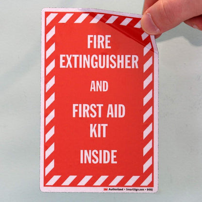 SmartSign Fire Extinguisher and First Aid Kit Inside Label | 3M Engineer Grade Reflective Decal, Set of 3, Made in USA