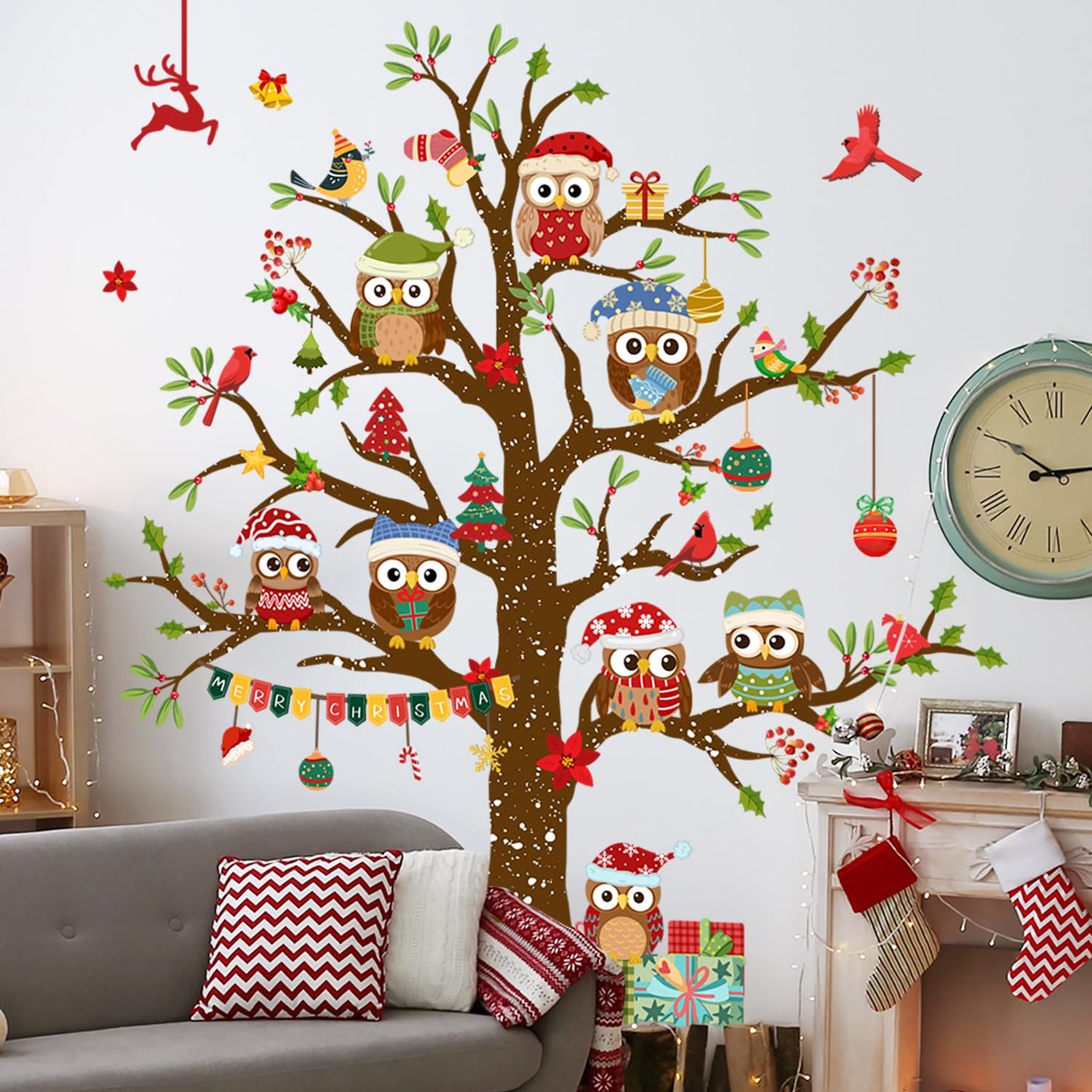 Christmas Tree Wall Stickers Vinyl Cute Owl Wall Decals Peel and Stick Decal for Home Office Walls Windows Doors Christmas Decor (35.43inch x 11.81inch, 3 Sheets)