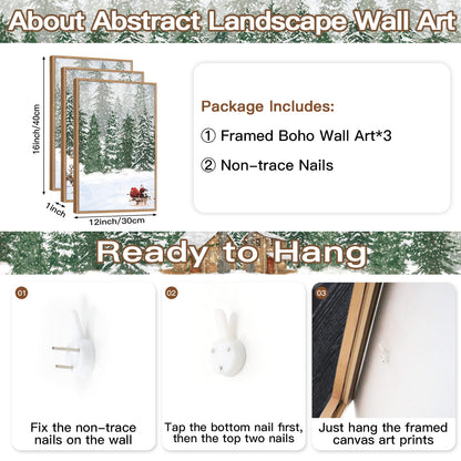 CHDITB Santa Claus Reindeer Sleigh Framed Canvas Wall Art(12"x16"), 3 Panels Christmas Winter Holiday Artwork Prints, Large Rustic Xmas Gift Snow Scene Forest Landscape Decor for Home Office Bedroom