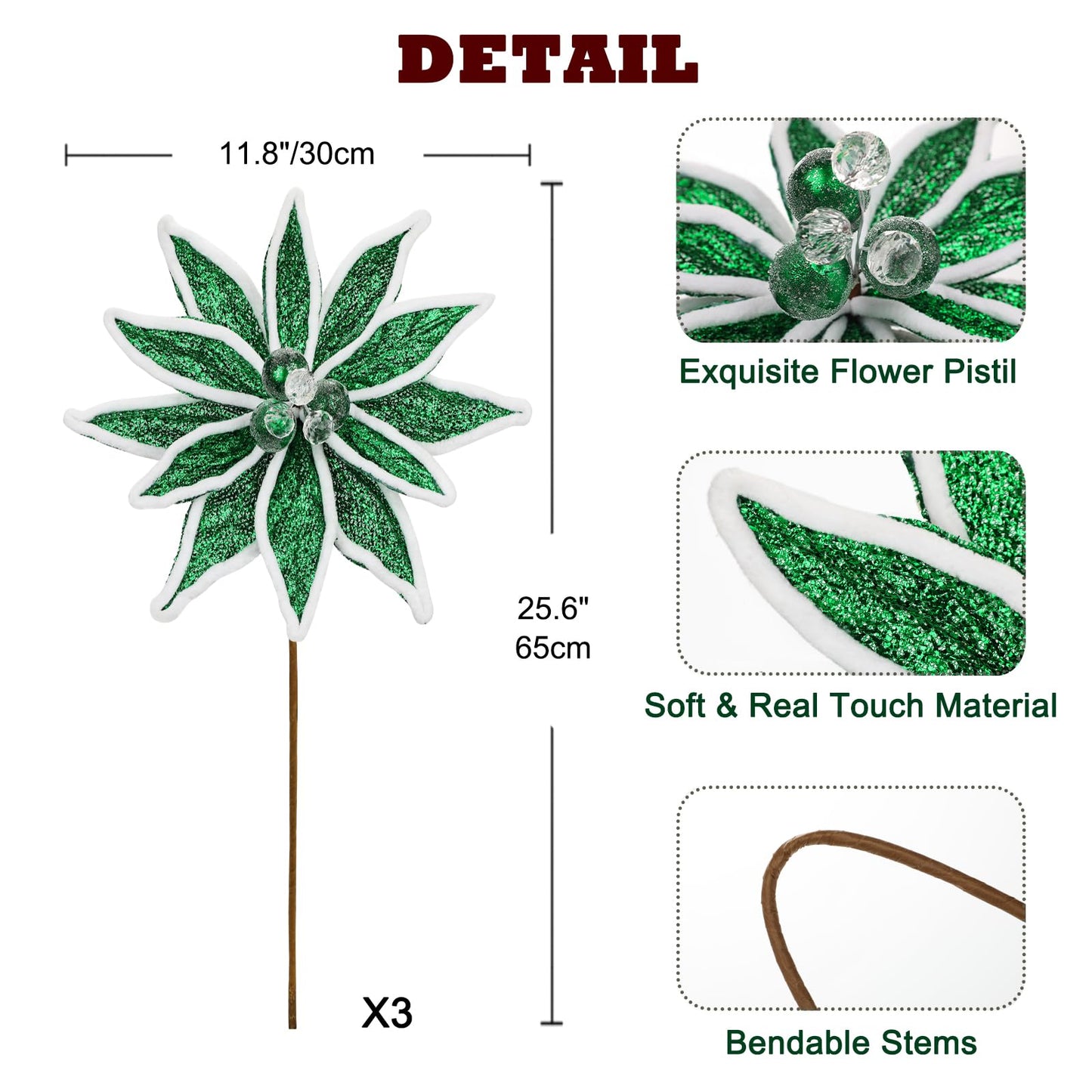 Briful 3PCS Green Poinsettia Artificial Christmas Flowers - 25.6" Long Stem Metallic Glitter Fabric Poinsettias Christmas Flower with Fur Edges for Xmas Home Wreath Garland Arrangement DIY Decor