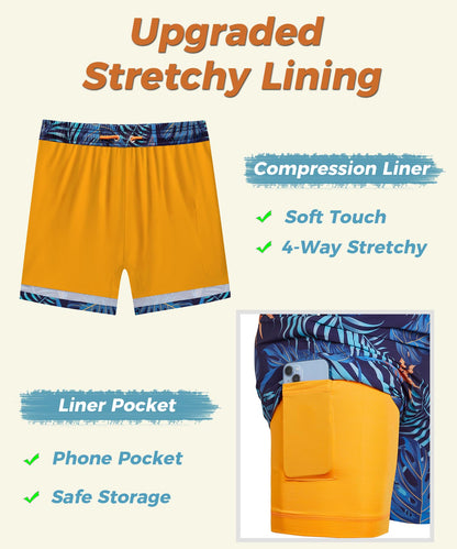 ELETOP Men's Swim Trunks with Compression Liner Bathing Suit Beach Board Shorts with Zipper Pockets Palm Leaf Blue Yellow L