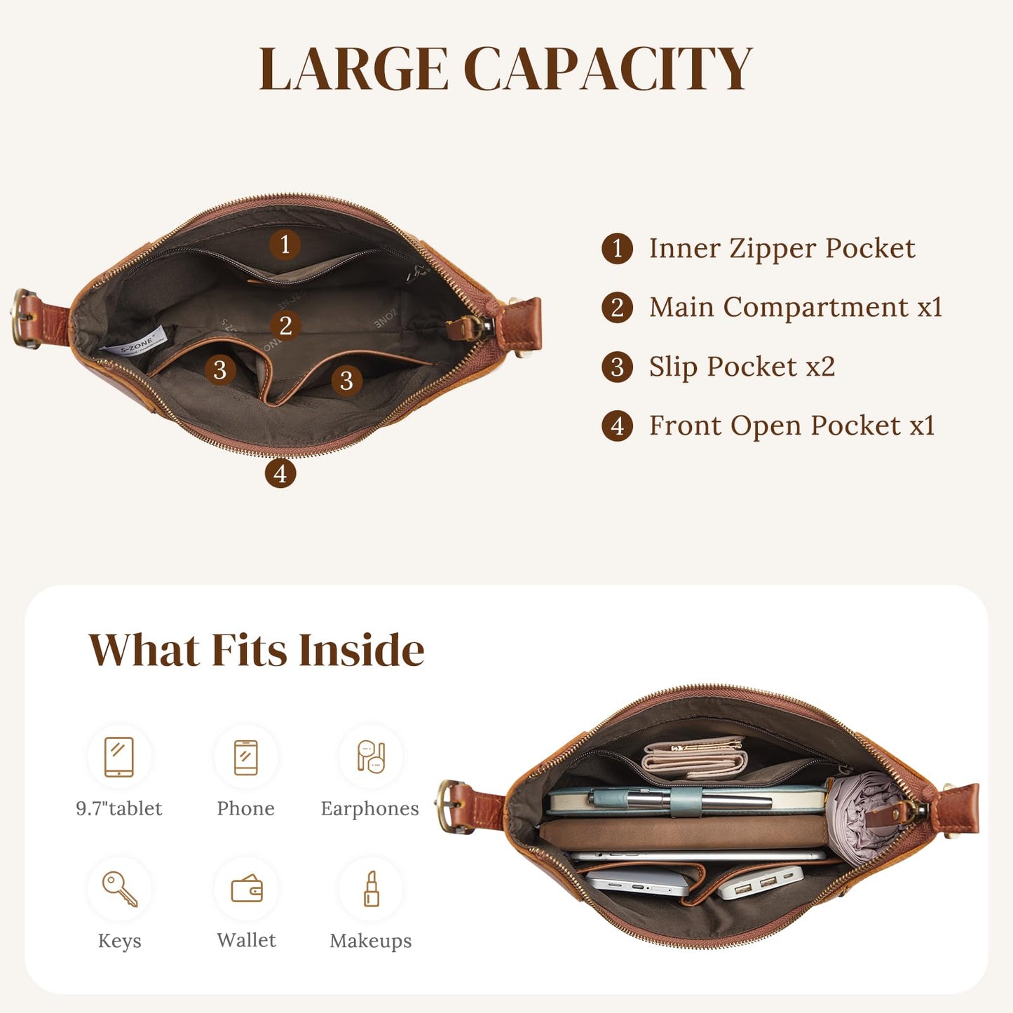 S-ZONE Leather Shoulder Bag for Women Hobo Bag Top Handle Handbag Satchel Purse Rose Pattern