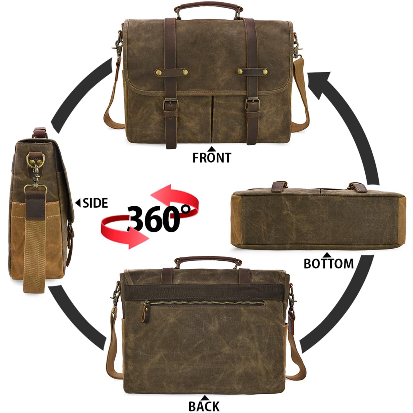 Mens Messenger Bag 15.6 Inch Waterproof Vintage Genuine Leather Waxed Canvas Briefcase Large Leather Computer Laptop Bag Rugged Satchel Shoulder Bag, Coffee