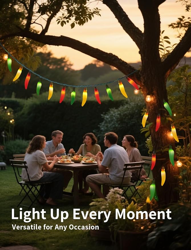 13.6FT Christmas Chili Pepper Outdoor String Lights, 35 LED Warm White Waterproof Fairy Lights with 2 Spare Bulbs, Shatterproof Decorative Lighting for Summer Camping Patio Pool Garden Yard Xmas Tree