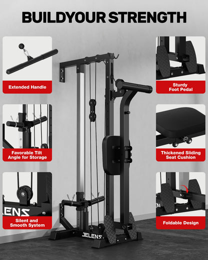 JELENS RC01 Foldable LAT Pulldown Machine with Adjustable seat, Wall Mount Cable Station with 16 Adjustable Positions, Cable Machine Home Gym 2 in 1 (Black, Classical)