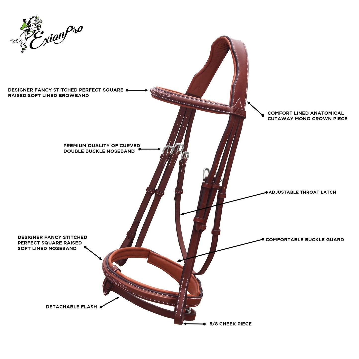 Exion Anatomical Snaffle Jumping Bridle for Horses with Removable Flash Noseband & Rubber Reins – Premium Vegetable-Tanned Leather, Brass Buckles, Padded MonoCrown, Designer Stitching