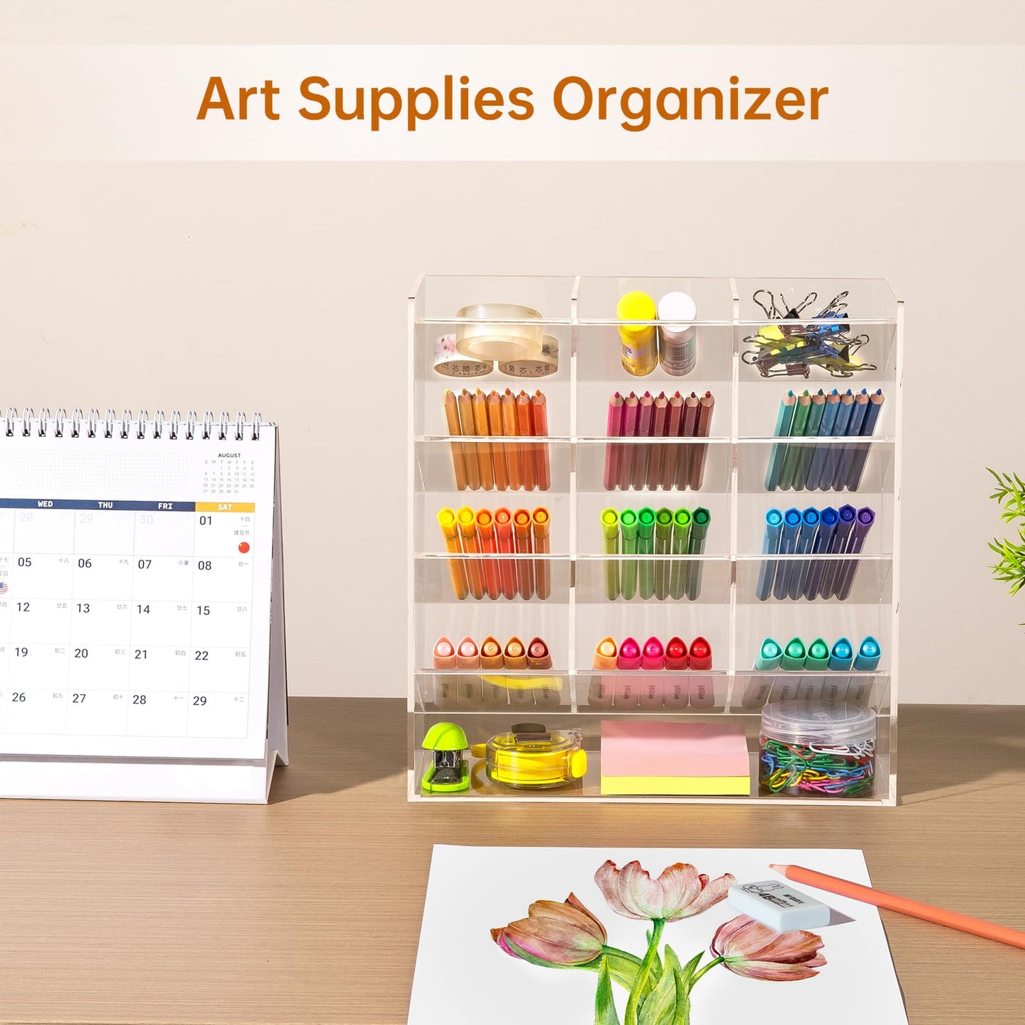 BEYGORM Acrylic Vertical Marker Organizer for 150 Markers with 13 Compartments, Clear Angled Pen & Pencil Holder, Large Desk Stationery & Art Supply Storage for Office & School (10.2 x 9.8 x 4 Inch)