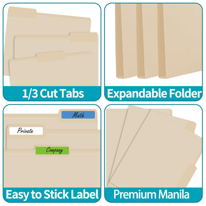 100 Packs Manila File Folder,Manilla Folder 8.5x11,1/3 Cut Tabs Folder for Office,School and Home,Organizer File Folder Letter Size