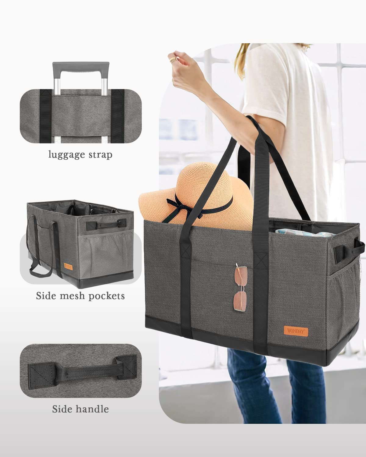 WONDAY Extra Large Utility Tote Bag - Standing Reusable Grocery Bag with Handle, Collapsible Storage for Shopping, Beach