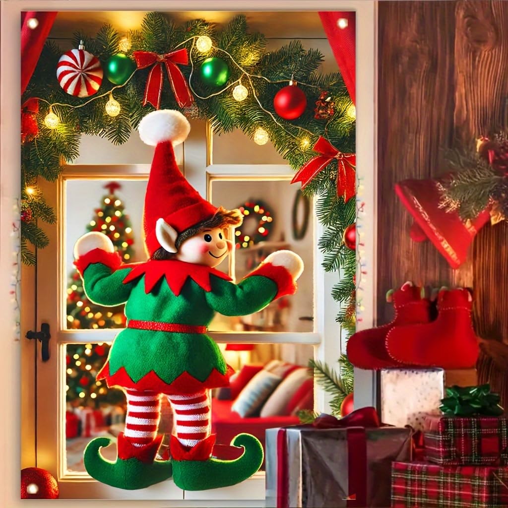 Tomhong Christmas Elf Window Banner 31x47 Inch Holiday Decoration Snowy Scene with Garland and Lights for Indoor Outdoor Home Wall or Window Display Cozy Christmas Decor