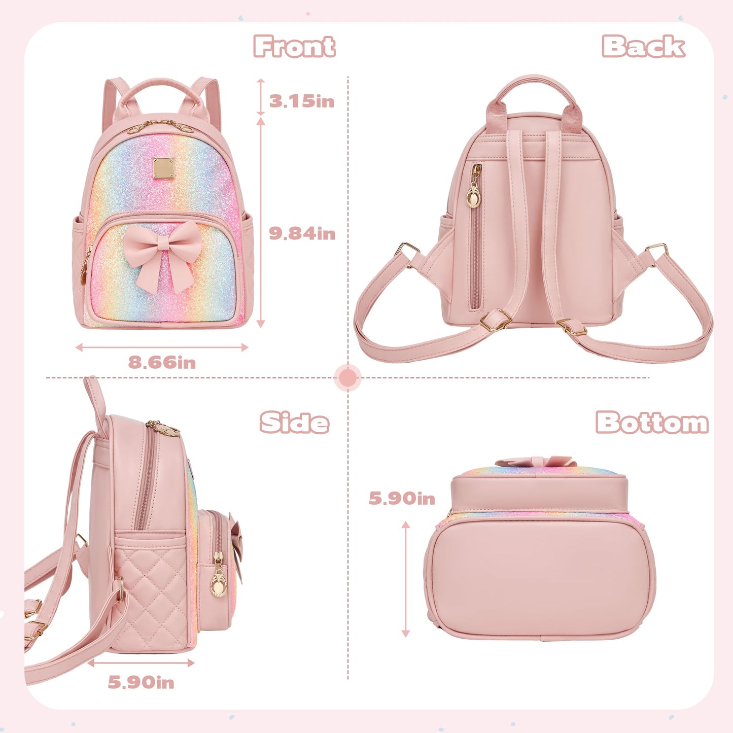 I IHAYNER Mini Backpcak for Girls Small Bowknot Quilted Leather Backpack Purse for Women Travel Cute Trendy Stuff Gifts for Kids Rainbow