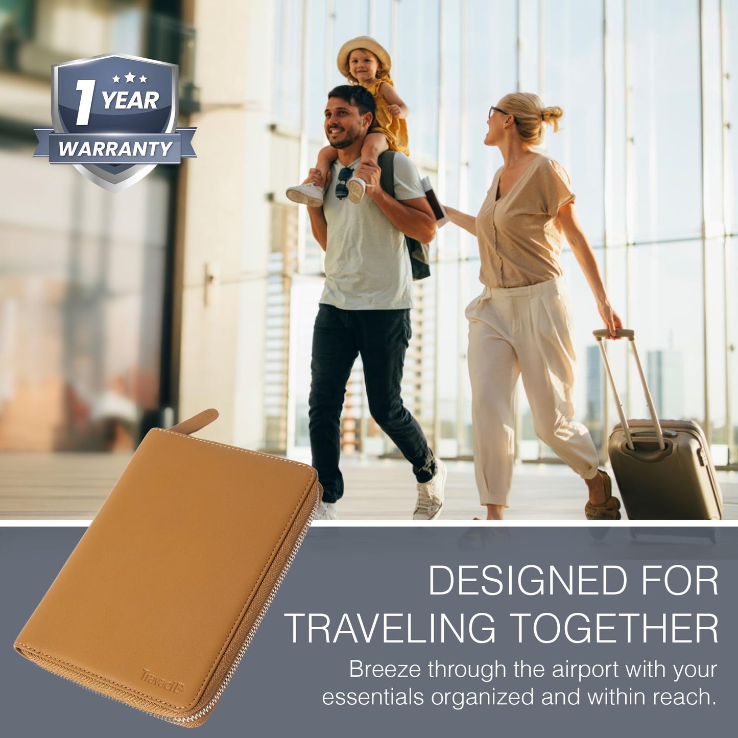 Full Grain Leather Family Passport Holder for 4 Passports - RFID Passport Holder and Travel Document Organizer - Large Leather Travel Wallet for Families - Camel