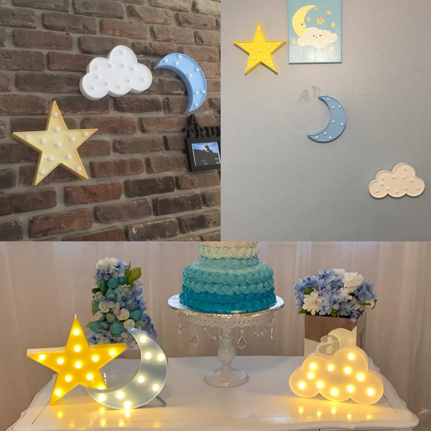 ZUOVAOV 3 Pack Star Moon Cloud Night Light - LED Decorative Lamp for Kids Room, Warm White Cordless Wall Mountable/Freestanding Lights, Perfect Birthday/Baby Shower Party Decor & Gift for Children