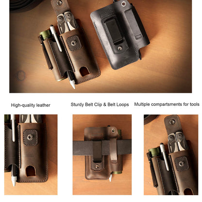Topstache Leather Multitool Sheath - Multi Tool Holster with Belt Clip - EDC Belt Organizer Fits Multitool, Flashlight, Pen - Leather EDC Pouch Belt Holder Case with Closure Flap, Darkbrown