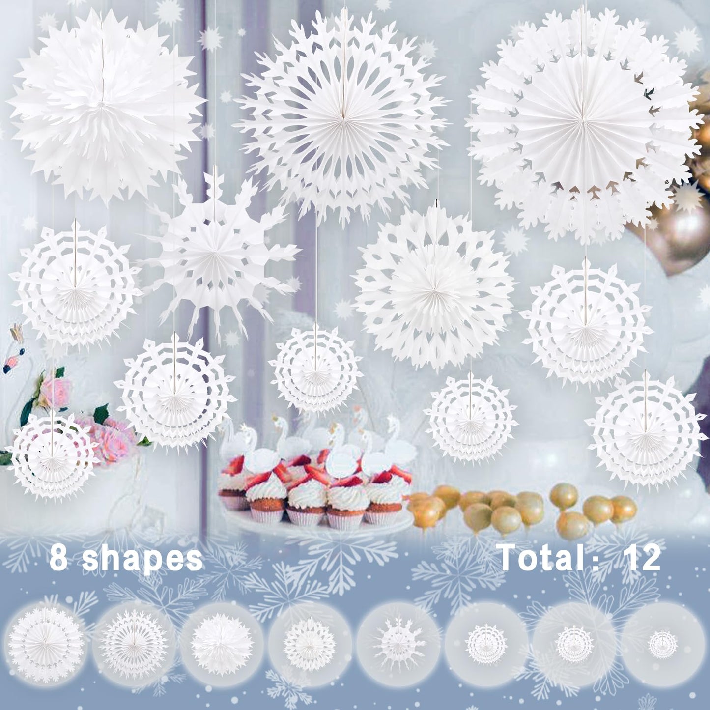 BestoFun 12 PCS White Paper Snowflake Decorations Frozen Birthday Party Supplies Winter Wonderland Party Decorations Christmas Large Snowflake Decorations Hanging Snowflake Decorations