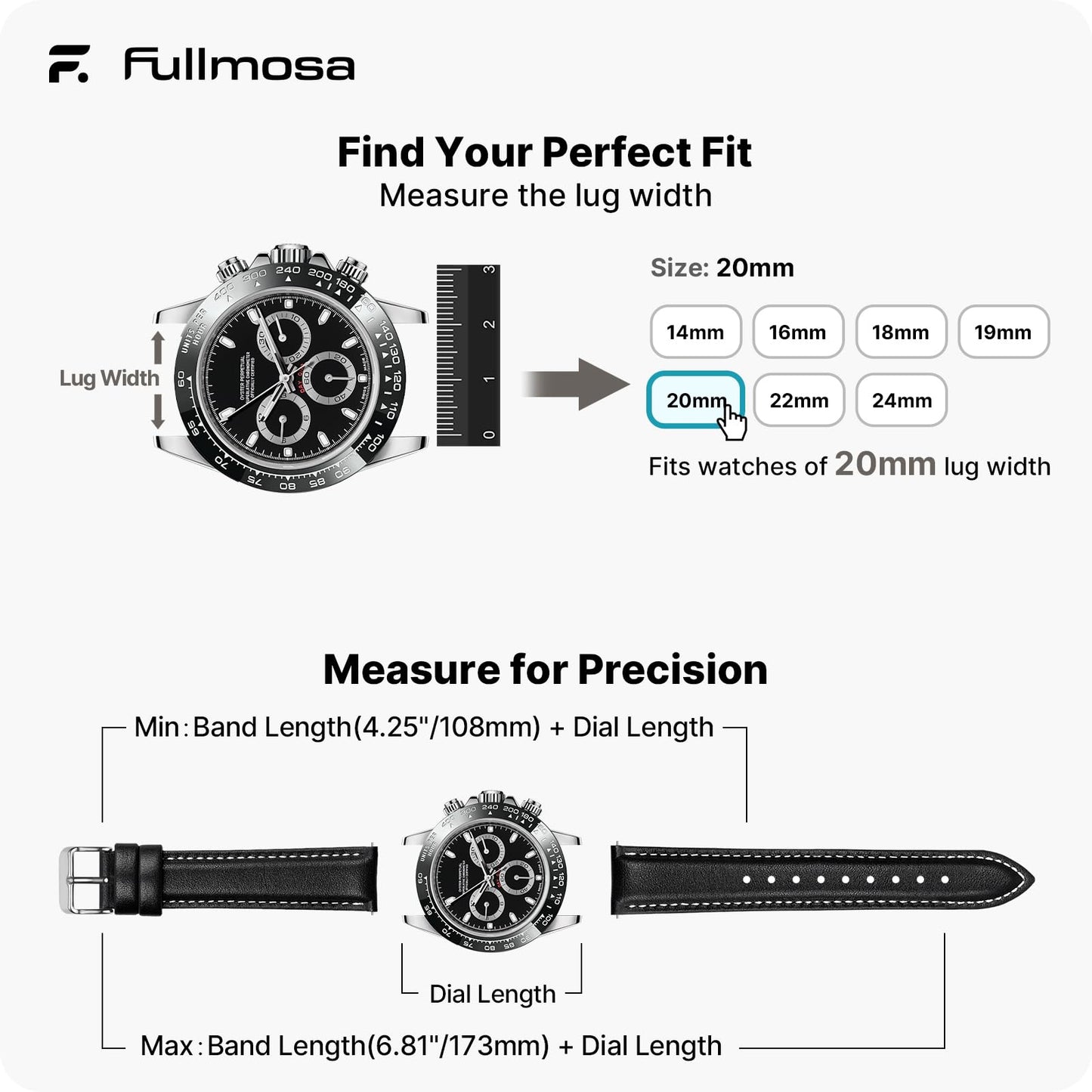 Fullmosa Watch Band, Quick Release Leather Watch Strap Compatible with Samsung Galaxy Garmin for Men Women, Replacement Bands Width 12mm 14mm 16mm 18mm 19mm 20mm 21mm 22mm 24mm