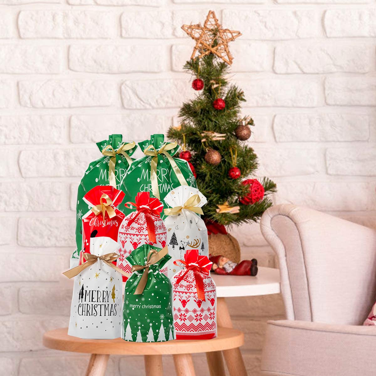 Happy Storm Christmas Drawstring Gift Bags 30PCS Assorted Styles Christmas Drawstring Wrapping Goody Sweet Treat Candy Bags for Xmas Birthday Party Supplies Favors