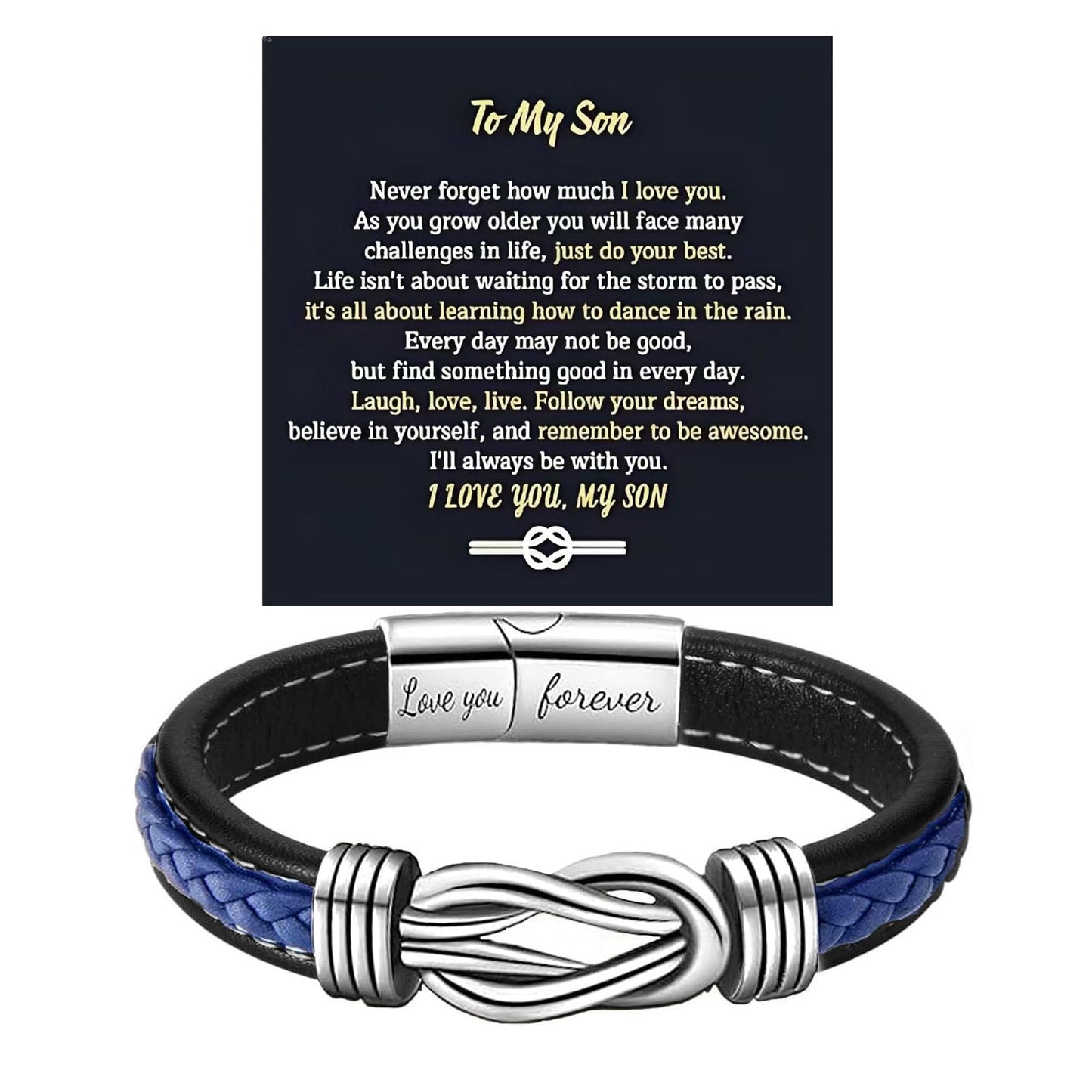 LIU JUN To My Son Bracelet From Mom, Infinity Knot Love You Forever Linked Together Stainless Steel Handmade Leather Cuff Mens Birthday Weave Gift Jewelry (Blue Infinity Black, 8.46 Inches)