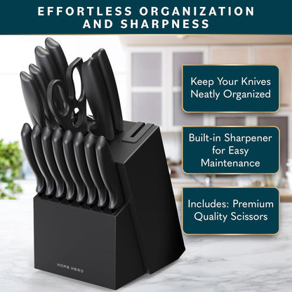 Home Hero Kitchen Knife Set with Sharpener - High Carbon Stainless Steel Knife Block Set with Ergonomic Handles (20 Pcs - Acrylic Black)