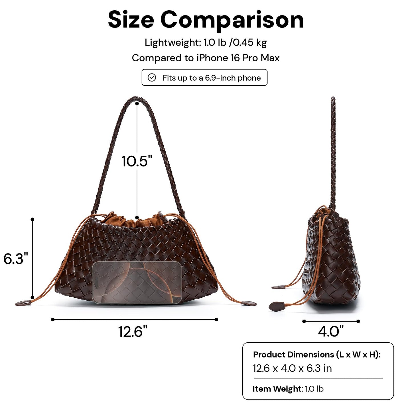 YDF Small Woven Purse for Women, Vegan Leather Shoulder Bag, Slouchy Tote Bag with Inner Drawstring Pouch, Underarm Handbag- Dark Brown