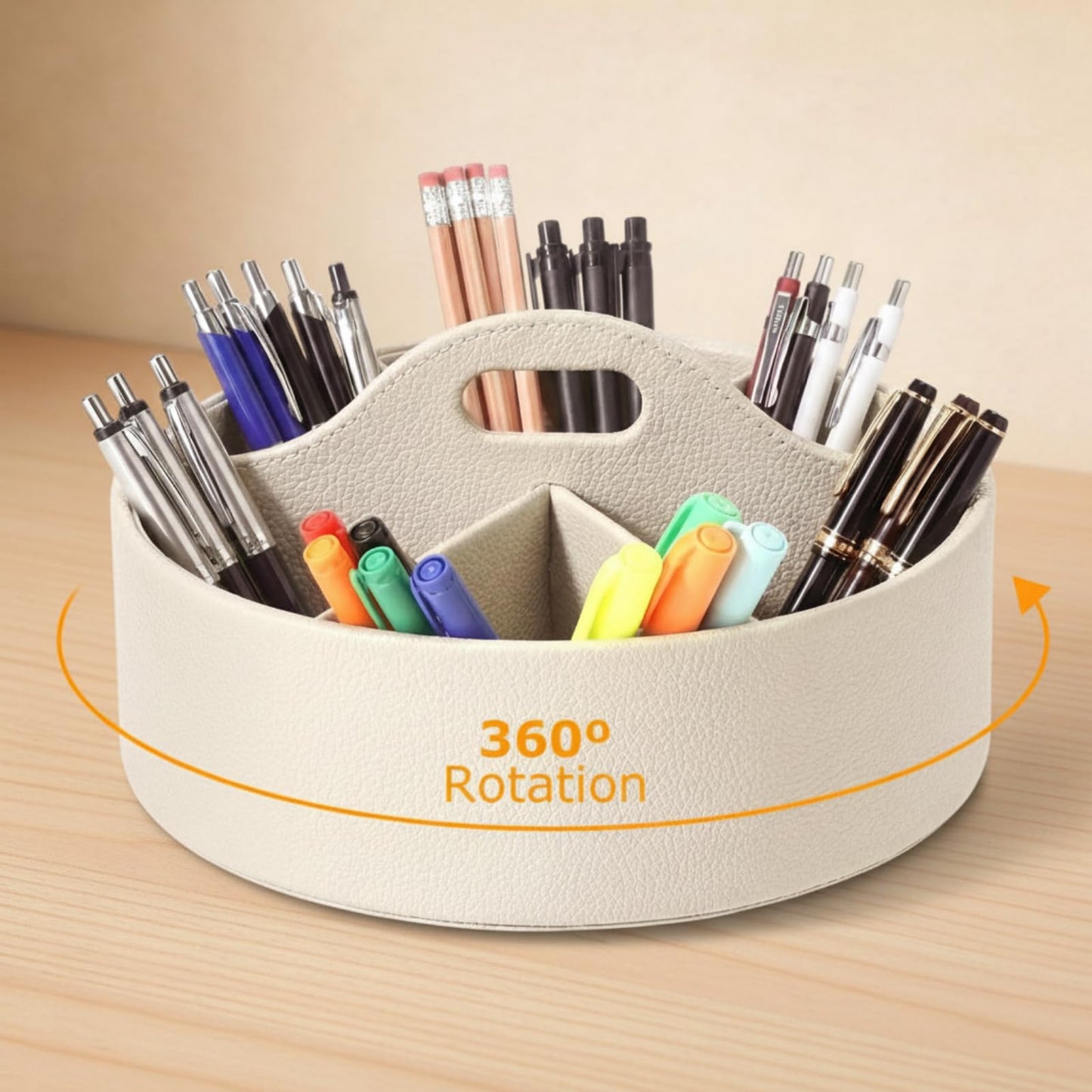 YooNotee 360° Rotating Leather Desk Storage Organizer with 6 Slots and Handle Extra-large Pen Holder Spinning Pencil Storage Lazy Susan Organizer Office Desk Supplies Marker, Art Supply (Beige)