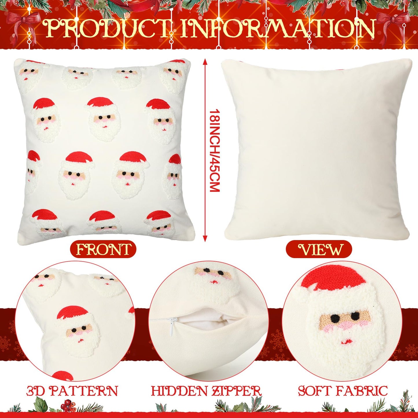 Hahafelt 2 Pcs Christmas Throw Pillow Covers 18x18 Inch Santa Claus Christmas Decorative Square Pillowcases Embroidery Cushion Covers Soft Plush Faux Fur Wool Decor for Winter Sofa Living Room