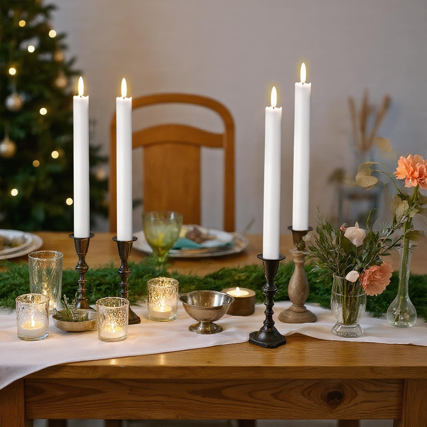 KunSwenn Taper Candles Battery Operated, Flameless Taper Candles with Remote Timer, White Real Wax LED Flameless Candlesticks for Christmas Home Decor(Set of 3, 0.78” x 9.65”)