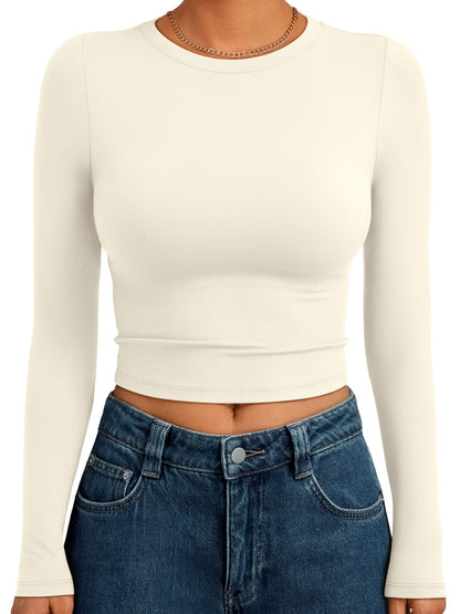 Trendy Queen Womens Long Sleeve Crop Tops Basic Slim Fitted Shirts Fashion 2025 Going Out Y2k Tops Teen Girl Clothes