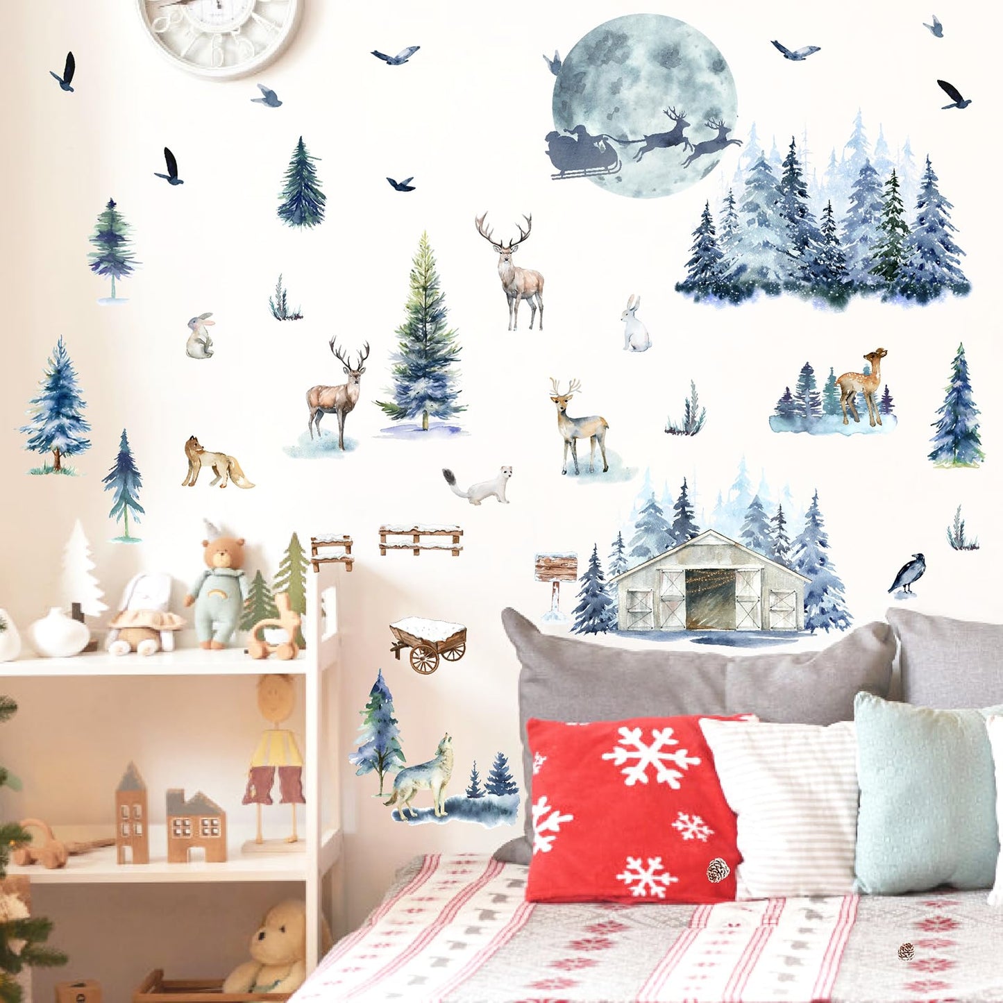 Winter Tree Wall Stickers Forest Animal Wall Decals Removable Woodland Tree Animal Wall Stickers Christmas Winter Pine Wall Decal Xmas Elk Santa Claus Christmas Moon Window Wall Decal