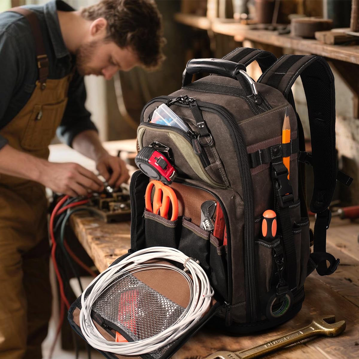 WELKINLAND 36-Pockets Electrician Backpack, Hard-Based HVAC Backpacks, Waxed-Canvas Technician Backpack, Heavy-Duty Tool Backpacks For Men