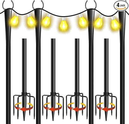 4 Pack 10Ft String Light Poles, Metal Poles with Fork for Outside Lights,Outdoor Metal Light Stand with Fence Brackets Hanging Lights for Garden Patio Wedding Backyard Deck Party