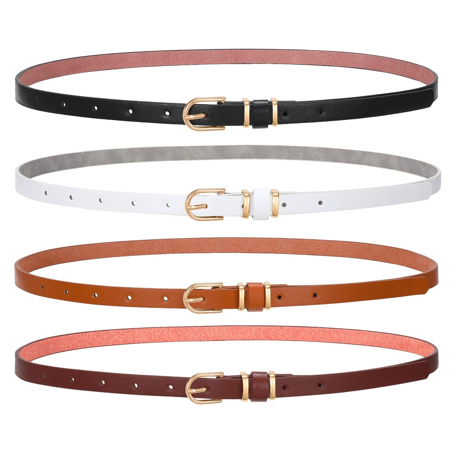 SANSTHS 4 Pack Women Thin Belts for Jeans Dresses Coats Skinny Women Belt with Gold Alloy Buckle, Black+White+Coffee+Brown M