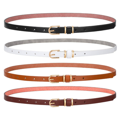 SANSTHS 4 Pack Women Thin Belts for Jeans Dresses Coats Skinny Women Belt with Gold Alloy Buckle, Black+White+Coffee+Brown M