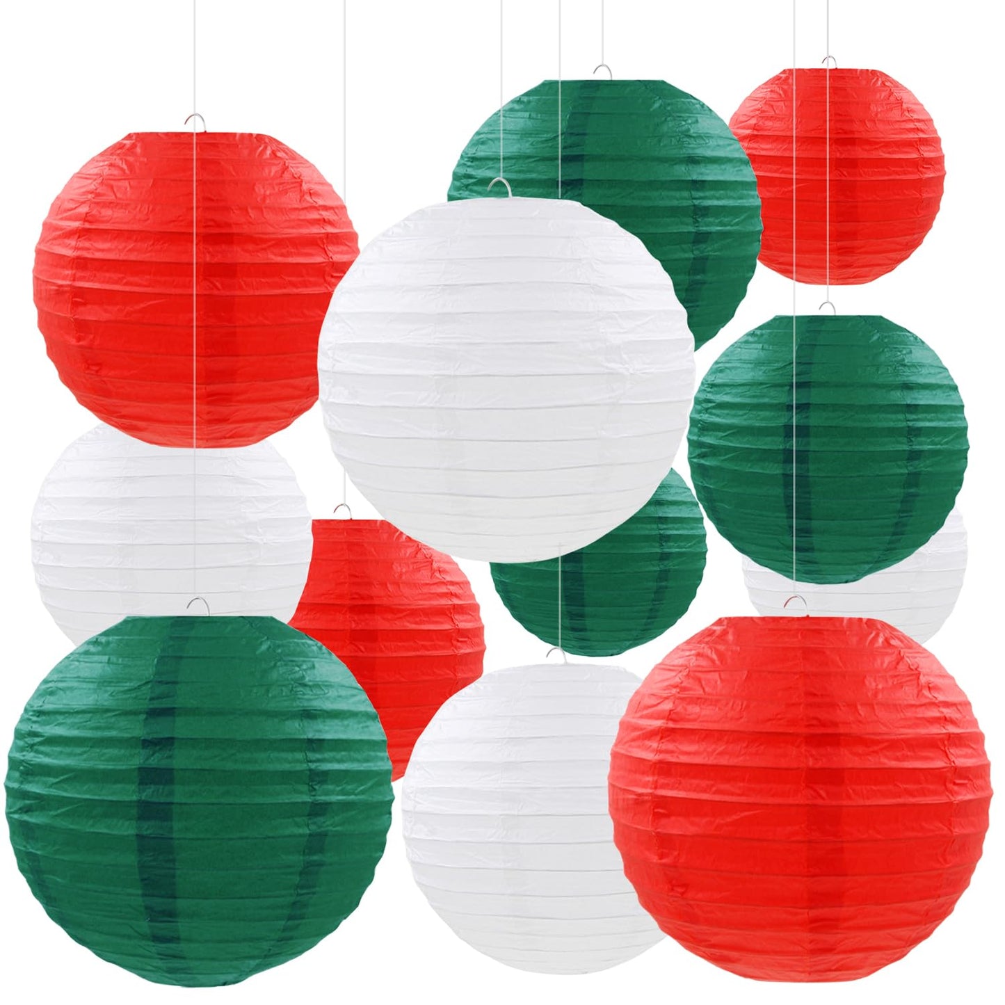 12 Pcs Christmas Paper Lanterns Red Green White Hanging Paper Lanterns for Christmas Graduation Anniversary Wedding Birthday Party Decoration Supplies