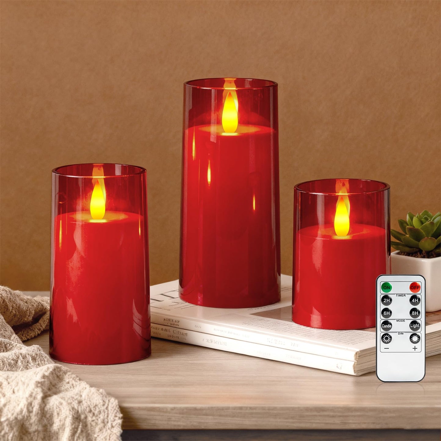 Raycare Independence Day Flameless Electronic Pillar Candles with Remote Timer- Battery Operated Realistic Flickering LED Fake Candle for 4th of July Patriotic Home Decor, Red,Set of 3(3"x4"5" 6")