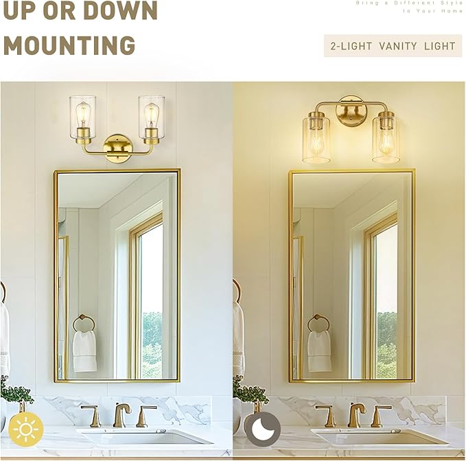 zeyu 14.4 Inch Vanity Light Fixture, Vintage Bathroom Lamp, Gold Bathroom Light Fixtures with Clear Glass Shade, Brushed Gold Finish, ZS62B-2W BG