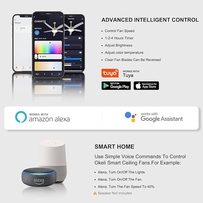 OKELI Smart Ceiling Fans with Light and Remote, Voice Control via WiFi Alexa App, 58 Inch Modern Clear Blades Gold Alexa Ceiling Fan Reversible Dimmable LED Ceiling Fan for Living Room