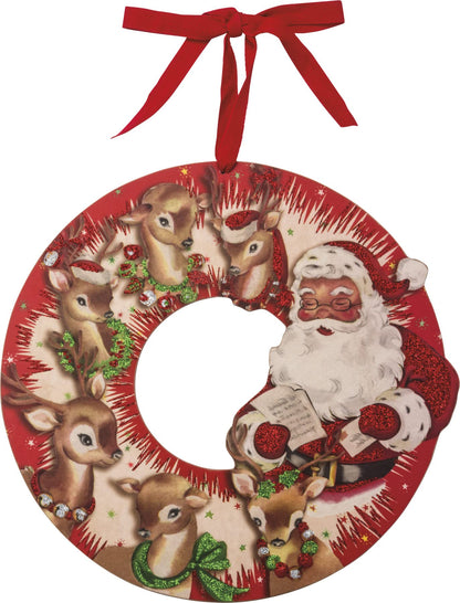 Primitives by Kathy Vintage Wooden Wreath Vintage Santa and Reindeer