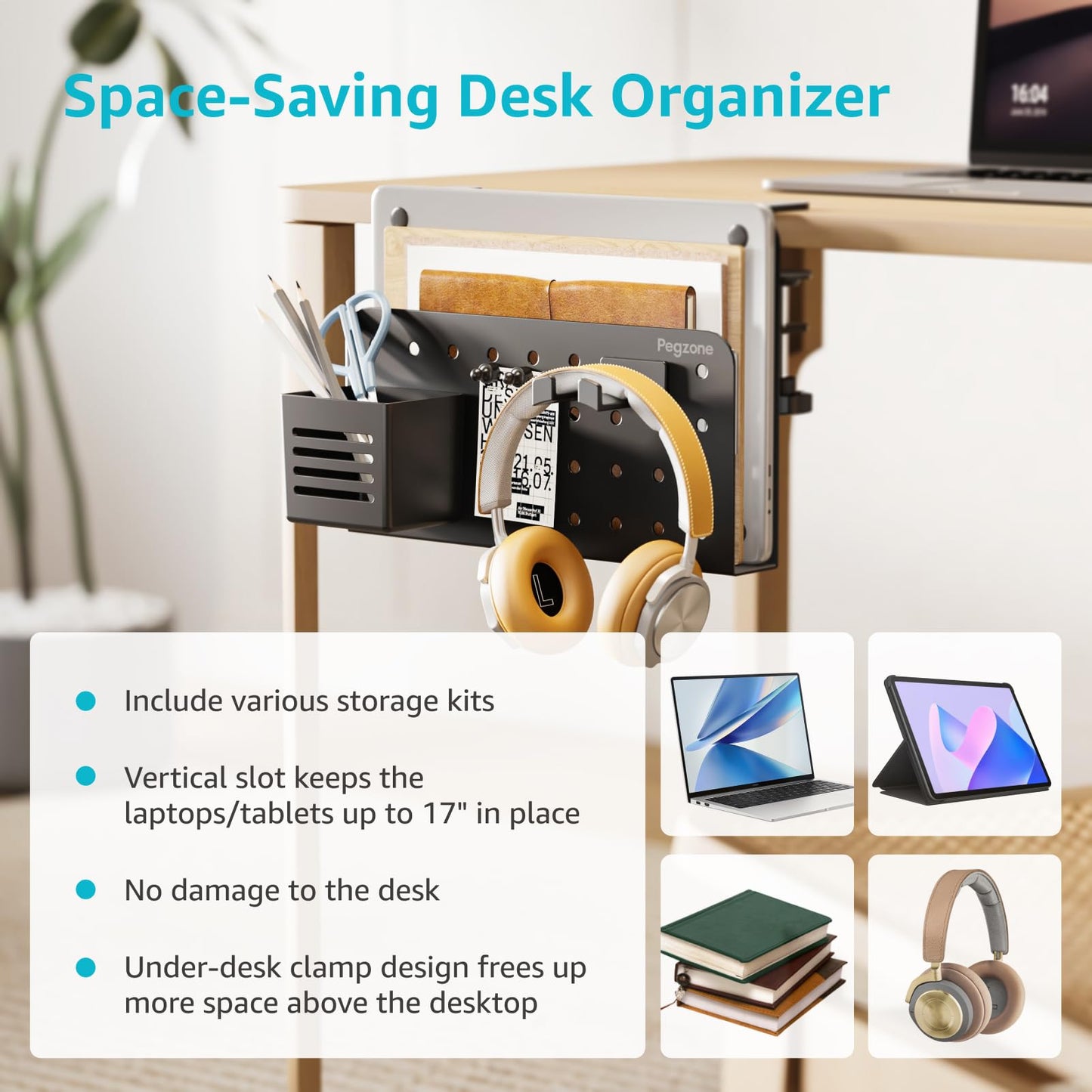 PEGZONE Desk Side Storage Organizer, No Drill Under Desk Laptop Holder, Clamp on Desks Shelf with Pegboard Accessories, Hanging Laptop Mount, Fits Flat Edge 0.4" to 2.2", Black
