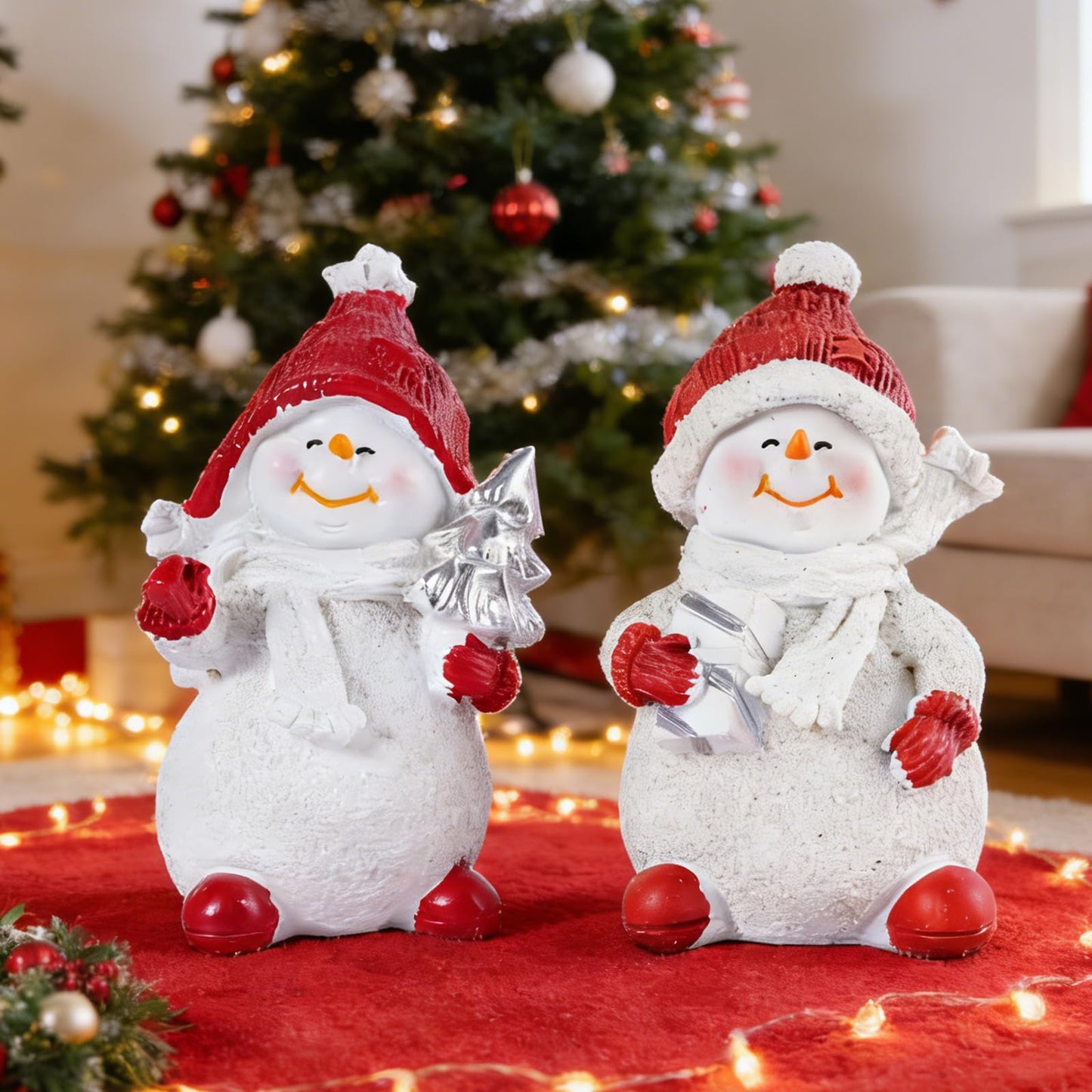 Brizoria Snowman Figurines Set of 2 White Resin Christmas Decorations with Red Accents Winter Mantel Decor and Holiday Centerpieces for Table Home Indoor Tiered Tray Room Display