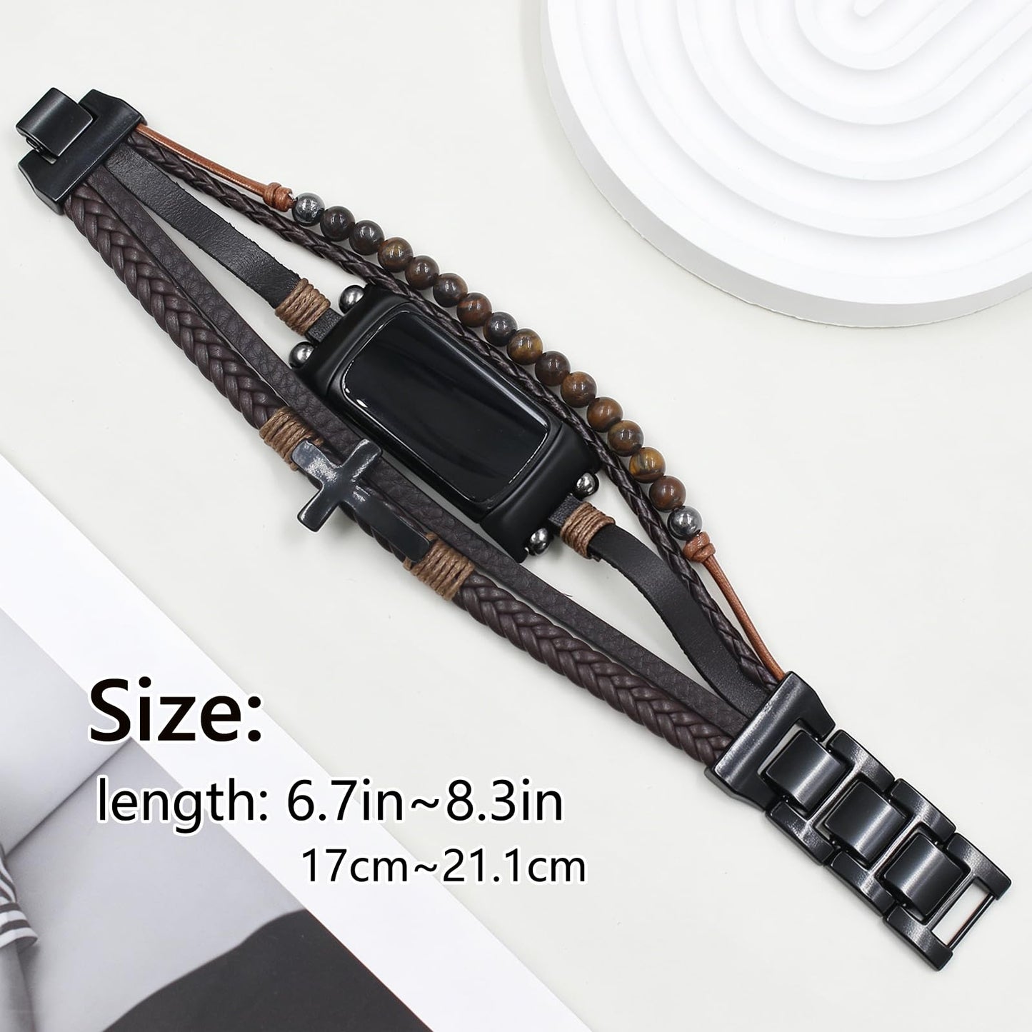 YOSWAN Boho Bracelet Compatible with Fitbit Charge 6 Bands/Charge 5 Bands for Women Men, Dressy Beaded Handmade Multilayer Wrap Leather Strap for Fitbit Charge 5/6 Watch (Brown/Black)