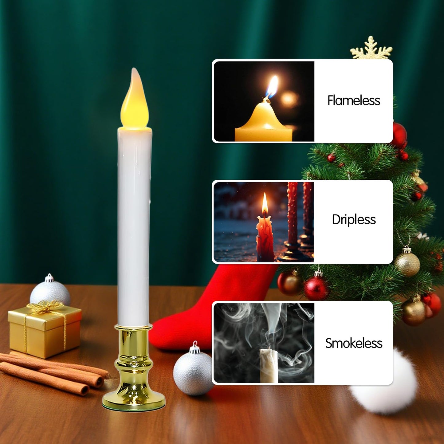 CHYSUPER 4Pack Christmas Window Candles Battery Operated with Timer, 6H/18H Auto On/Off, LED Flameless Candles with Realistic Flickering Flame and Suction Cups for Holiday Home Decor