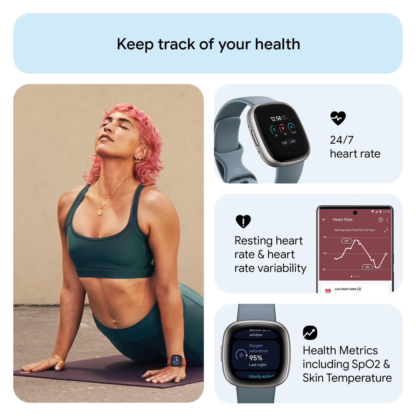 Fitbit Versa 4 Fitness Smartwatch with Daily Readiness - 3-Month Google Health Premium Membership Included - GPS, 24/7 Heart Rate, 40+ Exercise Modes, Sleep Tracking - Waterfall Blue/Platinum,